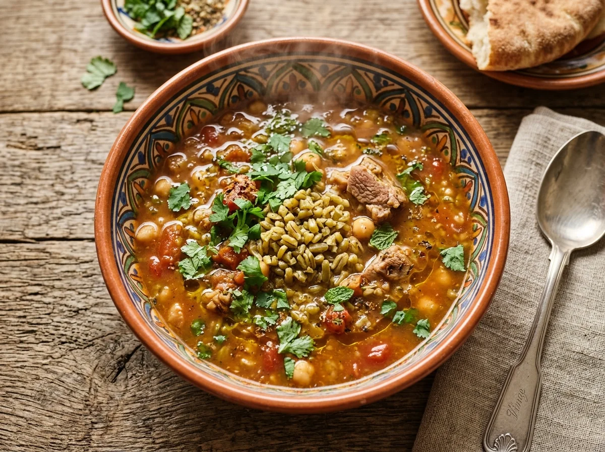 アルジェリアの伝統スープ、ショルバ・フリク。フリーケと羊肉、ひよこ豆が入った琥珀色のスープ
