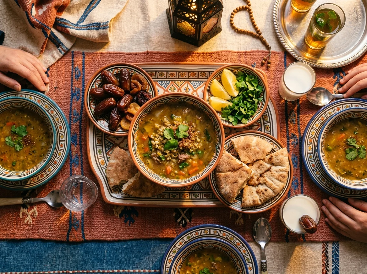ラマダンのイフタールの食卓。ショルバ・フリクの周りにパンやデーツが並ぶ