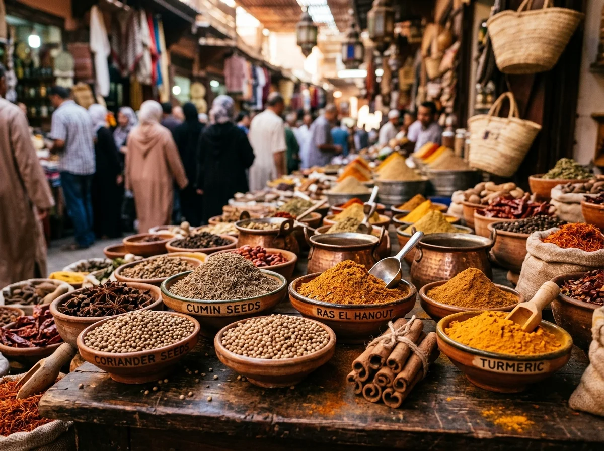 北アフリカのスパイス。クミン、コリアンダーシード、ラスエルハヌート、シナモンスティック、ターメリックが並ぶ