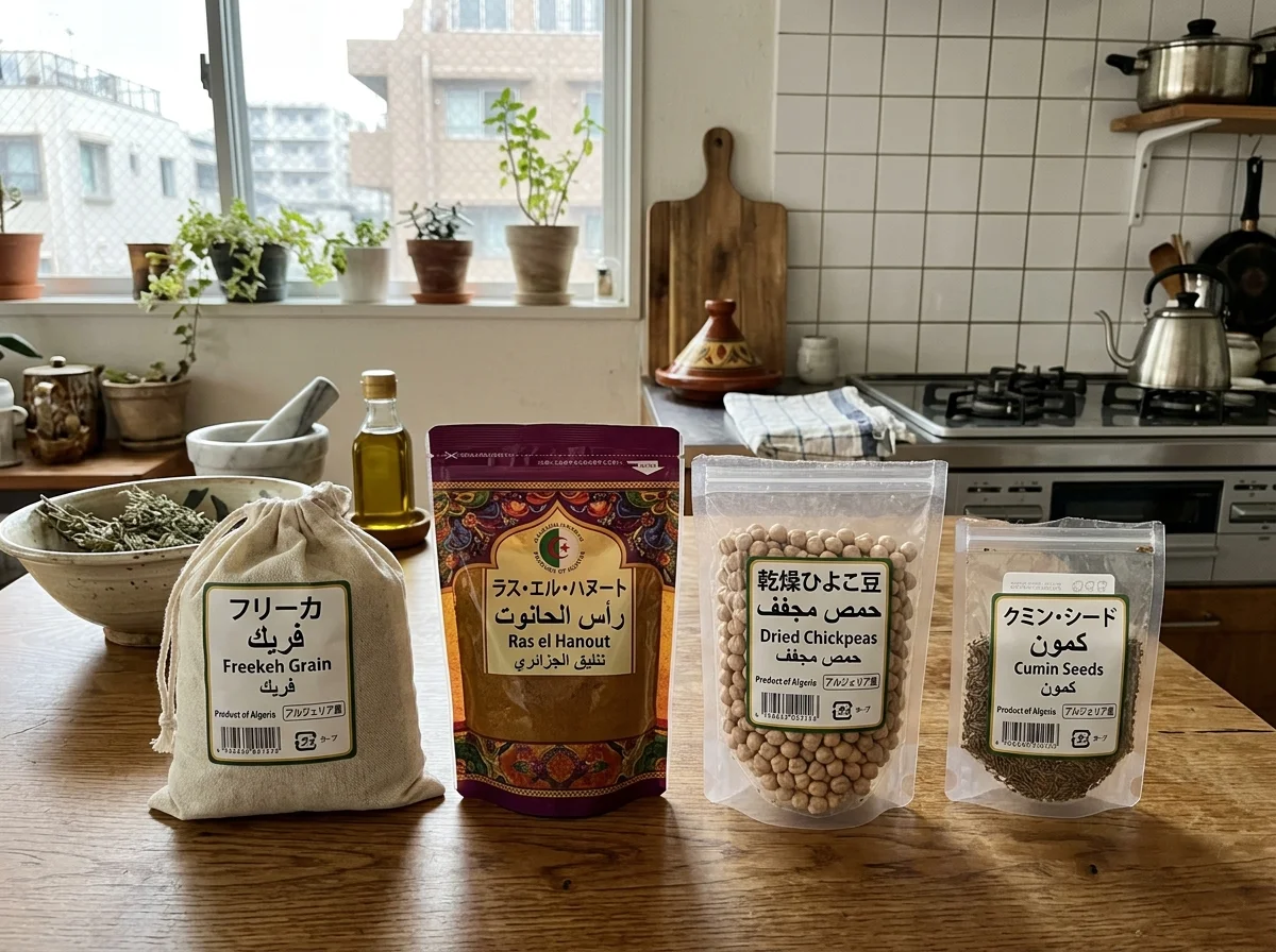 ショルバ・フリクの材料を日本で揃えたイメージ。フリーケ、ラスエルハヌート、乾燥ひよこ豆、クミンなどが並ぶ