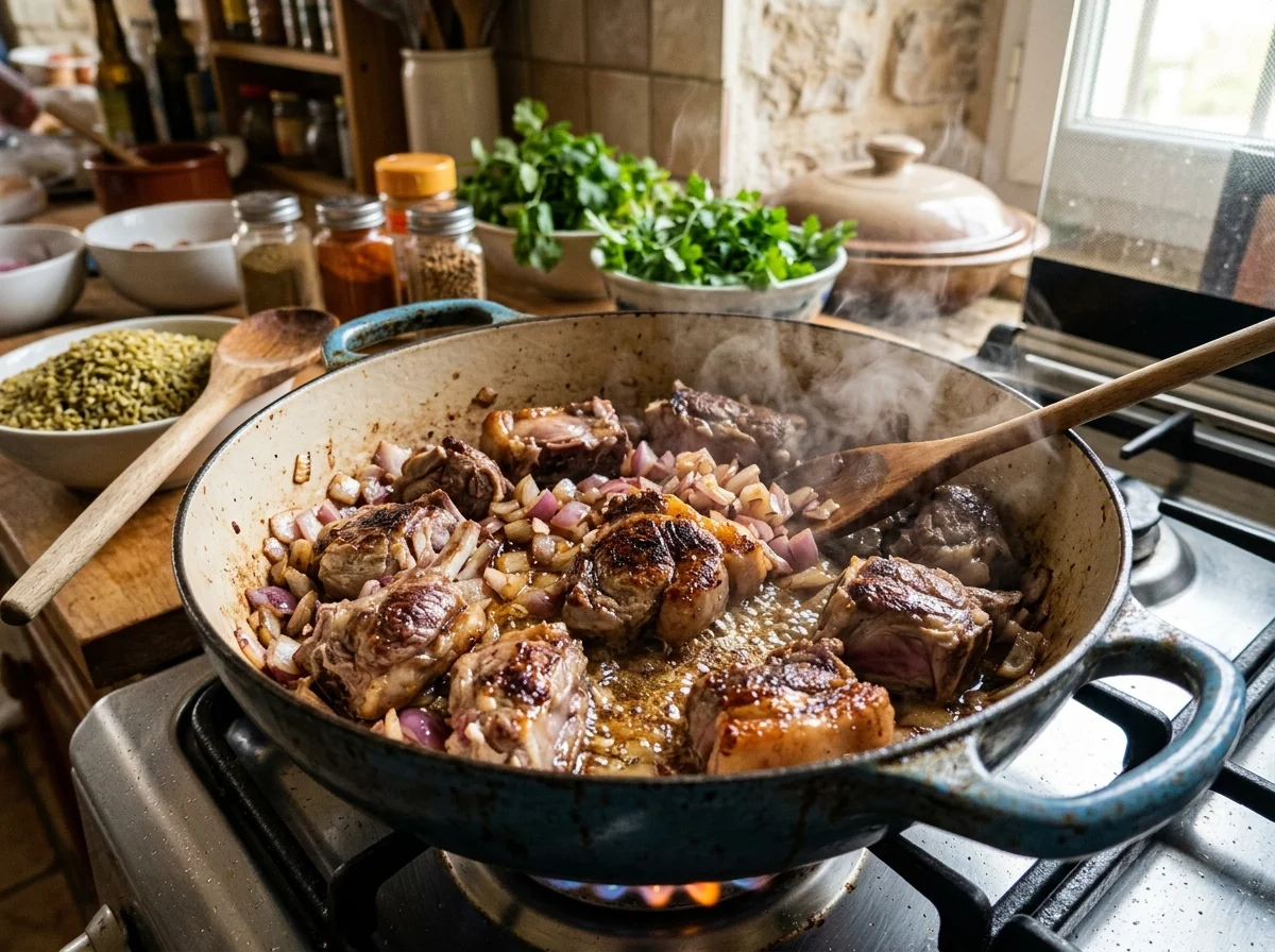 手順1: 大きな鍋にオリーブオイル大さじ3を熱し、羊肉を入れて全面に焼き色をつける（中火で5〜6分）