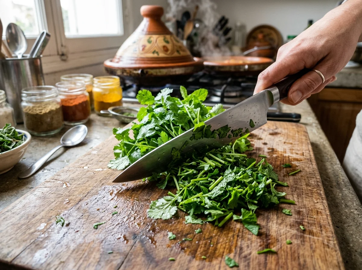 手順4: スパイス（クミン小さじ2、コリアンダーパウダー小さじ1、ターメリック小さじ1/2、シナモンスティック1本、黒こしょう小さじ1/2、ラスエルハヌート小さじ1）を全て加え、香りが立つまで30秒ほど炒める。水2Lを注ぎ、セロリ2本を加えて強火で沸騰させる