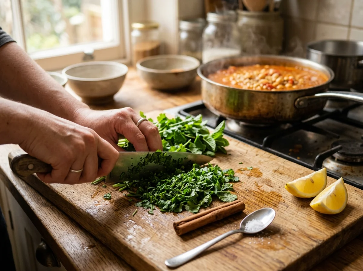 手順6: 塩小さじ2で味を調え、シナモンスティックを取り出す。仕上げにコリアンダーとミントのみじん切りをたっぷり加え、レモンのくし切りを添えて供する