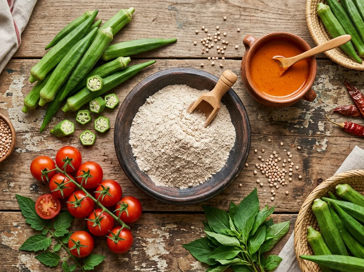 トーの材料を並べた俯瞰写真。ソルガム粉、オクラ、トマト、パームオイル