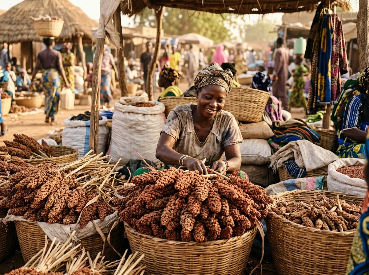ブルキナファソの市場でソルガムの穂が山積みになっている風景