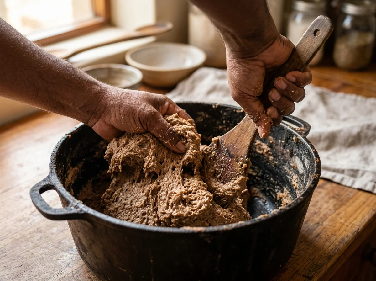 手順3: ソルガム粉を追加して練り上げる（15分）