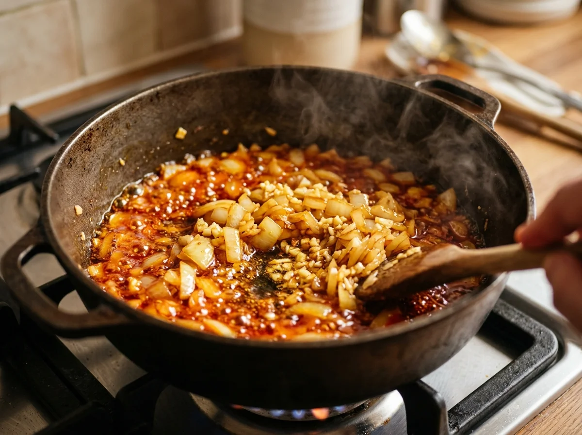 手順6: パームオイルで香味野菜を炒める（5分）