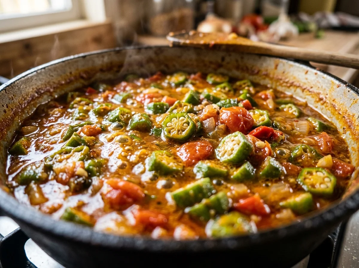 手順7: トマトとオクラを加えて煮込む（15分）