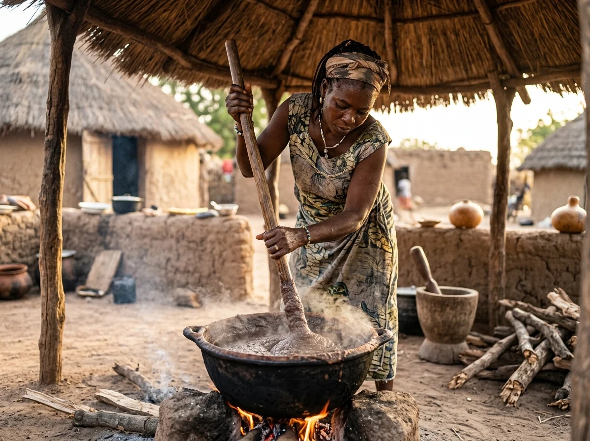 ブルキナファソの女性がバトン・ドゥ・トーでトーを練っている様子