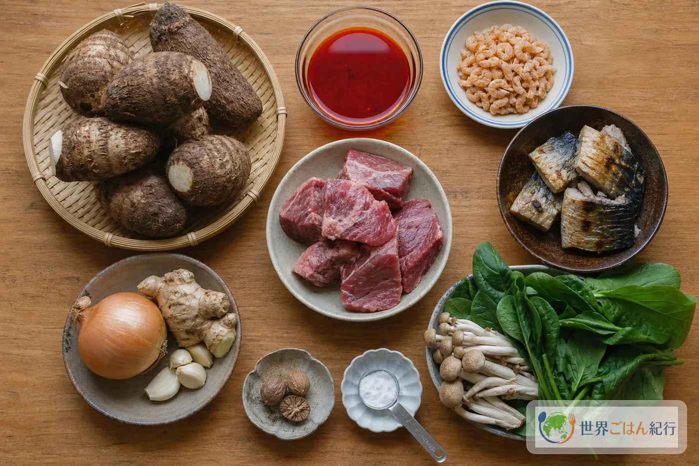 アチュスープの材料。里芋、赤パーム油、牛肉、焼きさば、干しえび、玉ねぎ、しょうが、にんにく、香辛料を台所に並べている