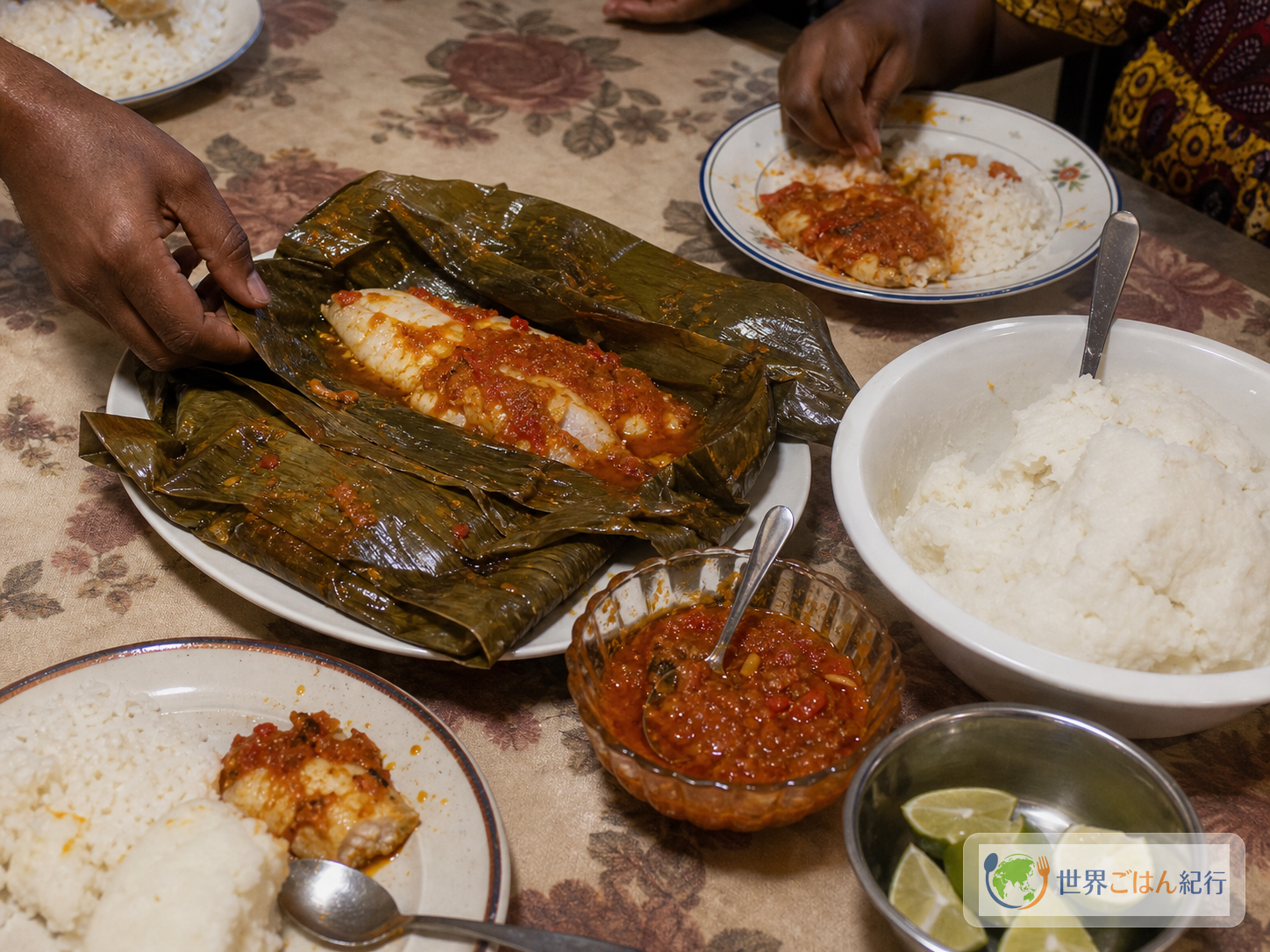 マボケを囲む食卓。葉包み魚、フフ、ご飯、ライムを並べた様子