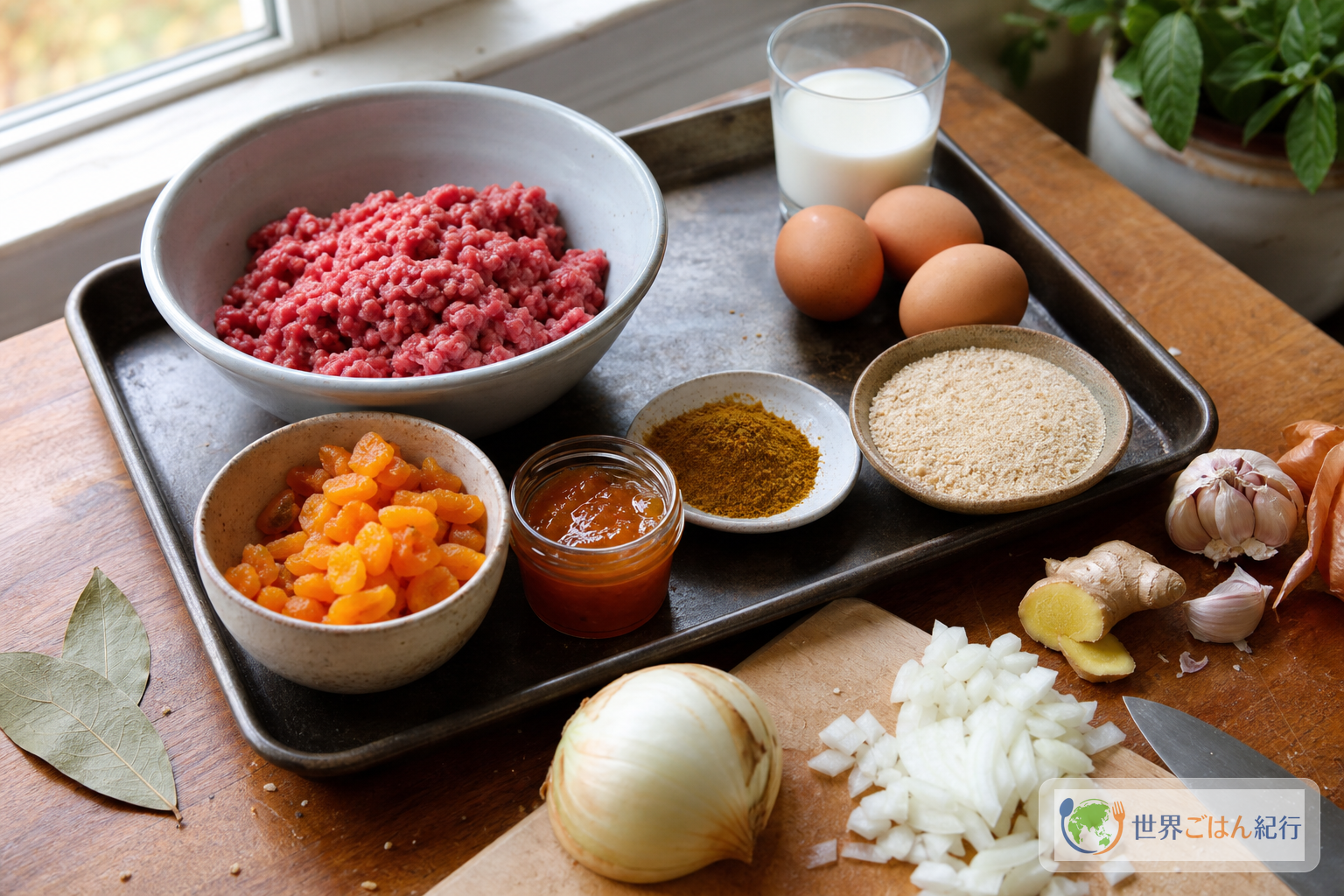 バブテに使う牛ひき肉、卵、牛乳、パン粉、カレー粉、ドライアプリコット、玉ねぎを並べた材料