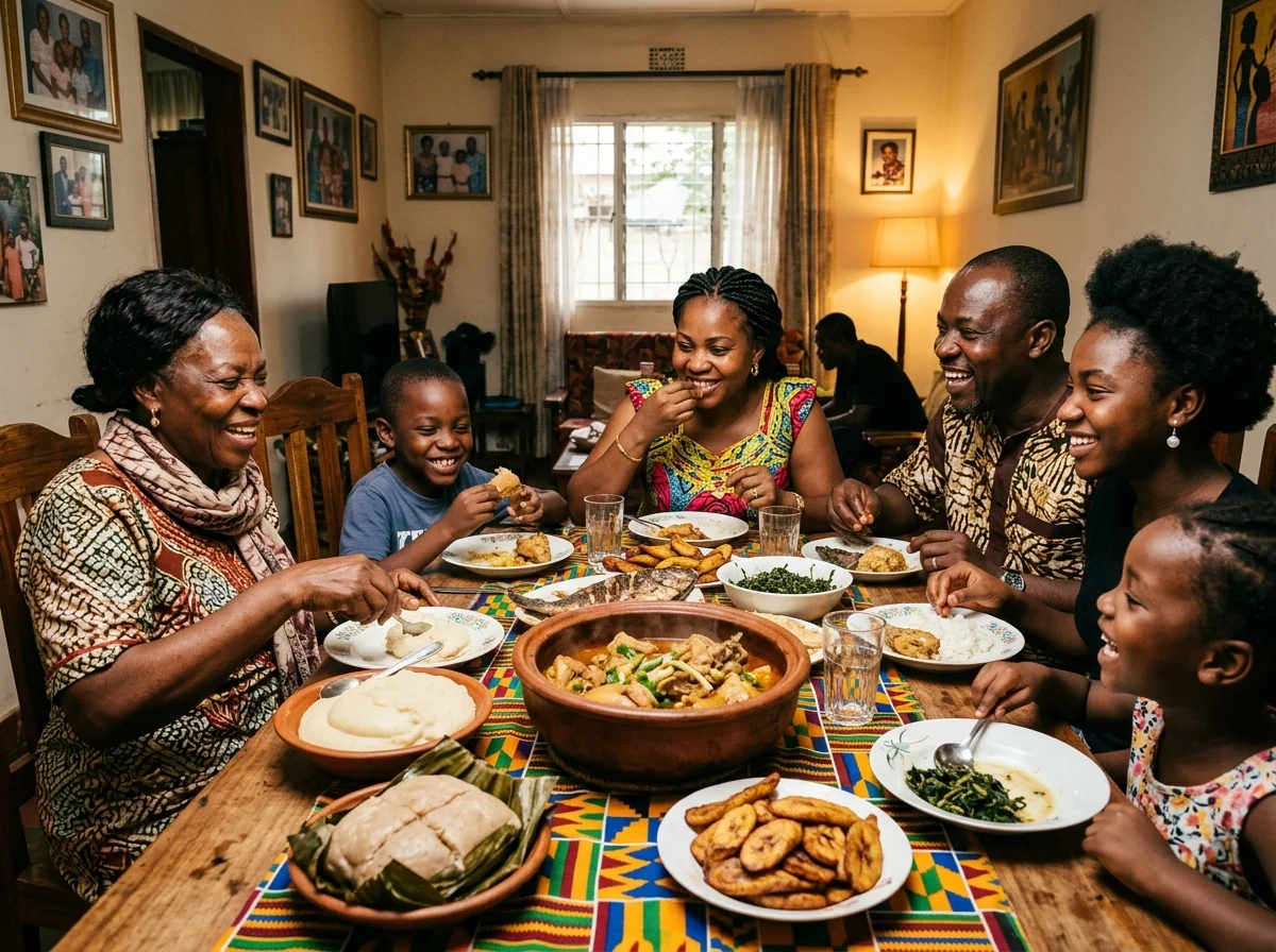 コンゴの食卓風景。モアンベチキンを囲む人々
