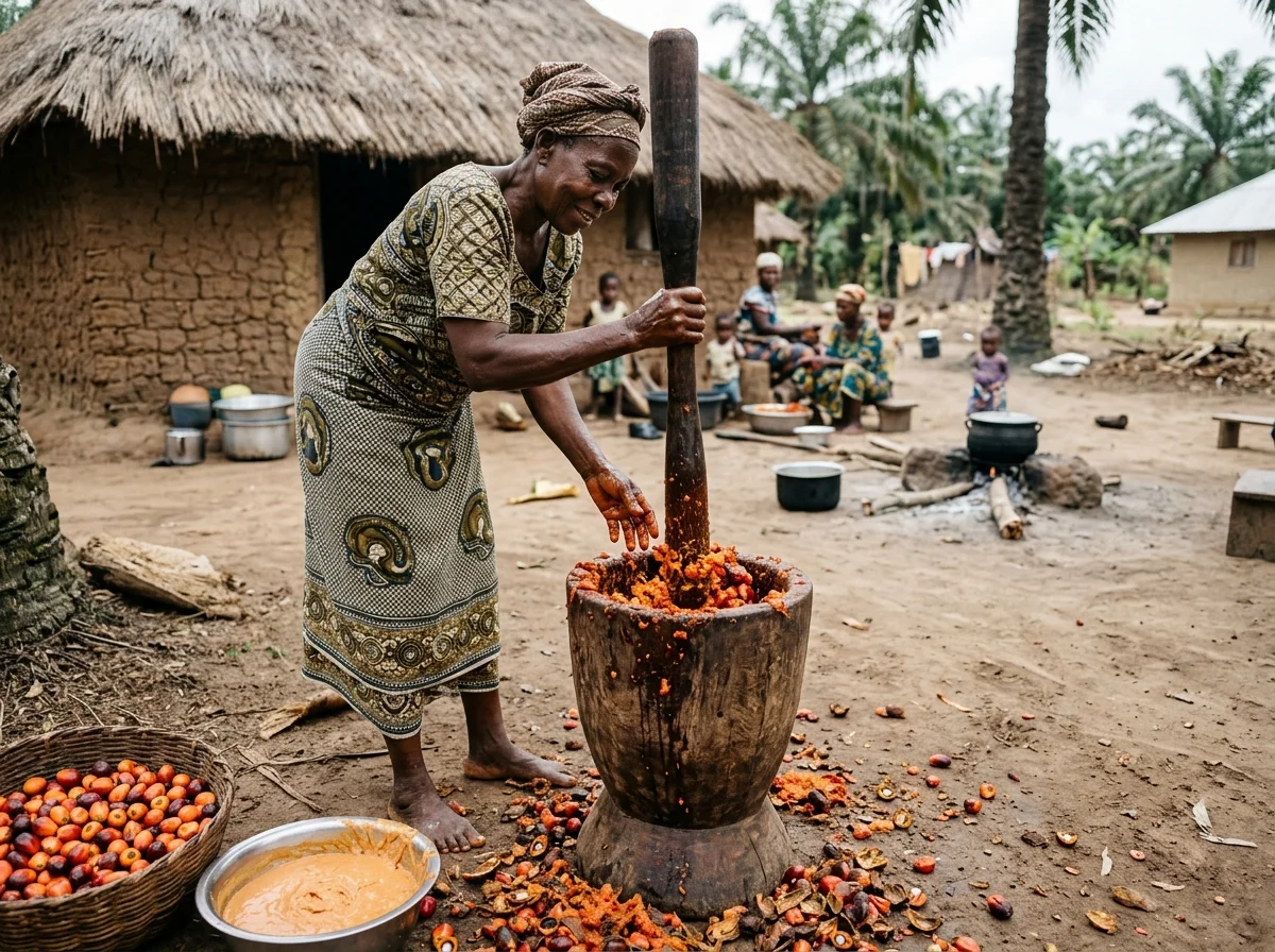 パームナッツの実を伝統的な方法で加工している様子