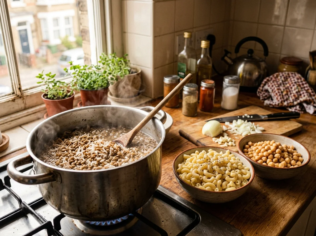 レンズ豆と米を鍋で一緒に炊いている様子。湯気が立ち上る