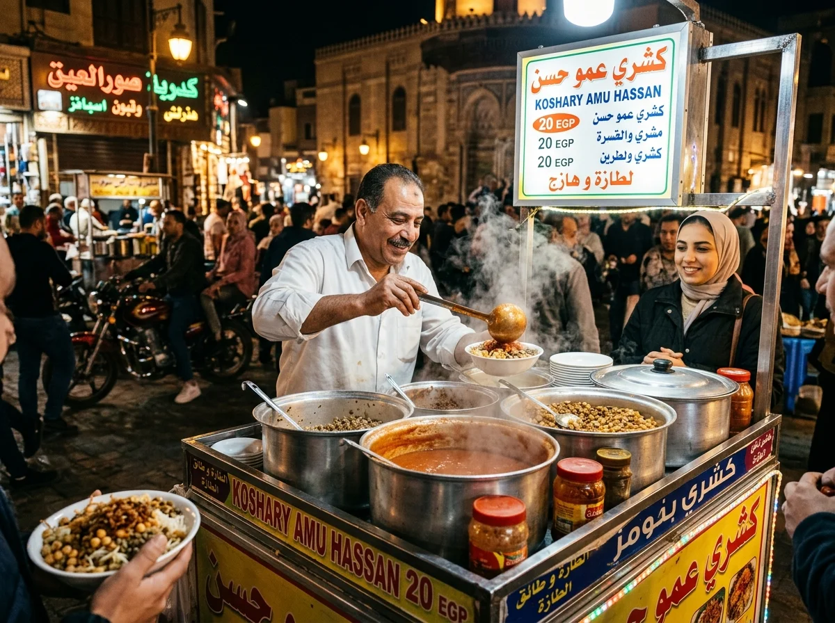 カイロの夜の屋台でコシャリが提供されている風景。アラビア語の看板と温かみのある照明