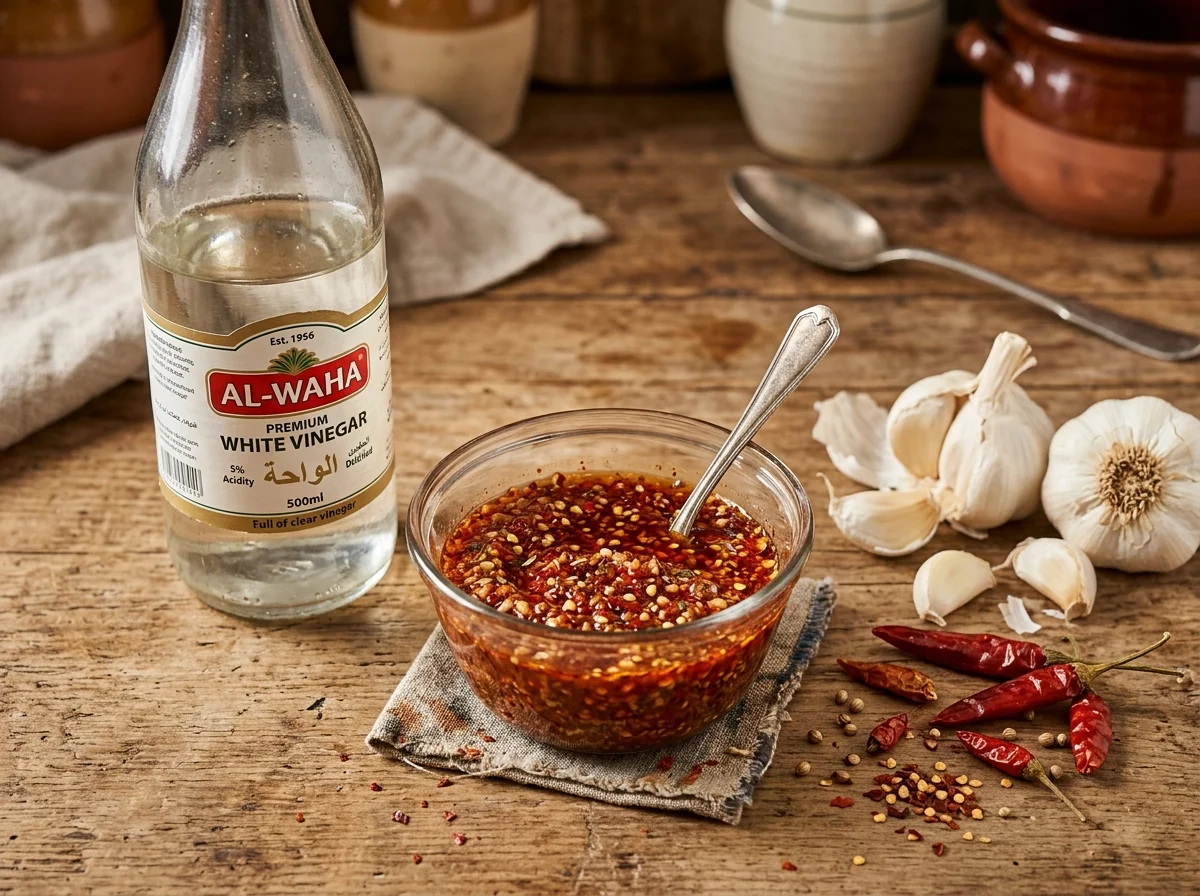 手順8: チリパウダー、酢、砂糖、塩を加えて味を調える