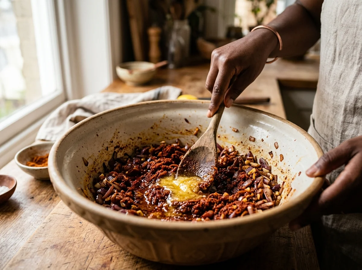 ズィグニ｜エリトリアのスパイシー牛肉シチューの調理工程。火を少し弱め、自家製ベルベレスパイスを投入。1分ほど炒めてスパイスの香りを立たせます。続いてニテルキベ（またはギー大さじ