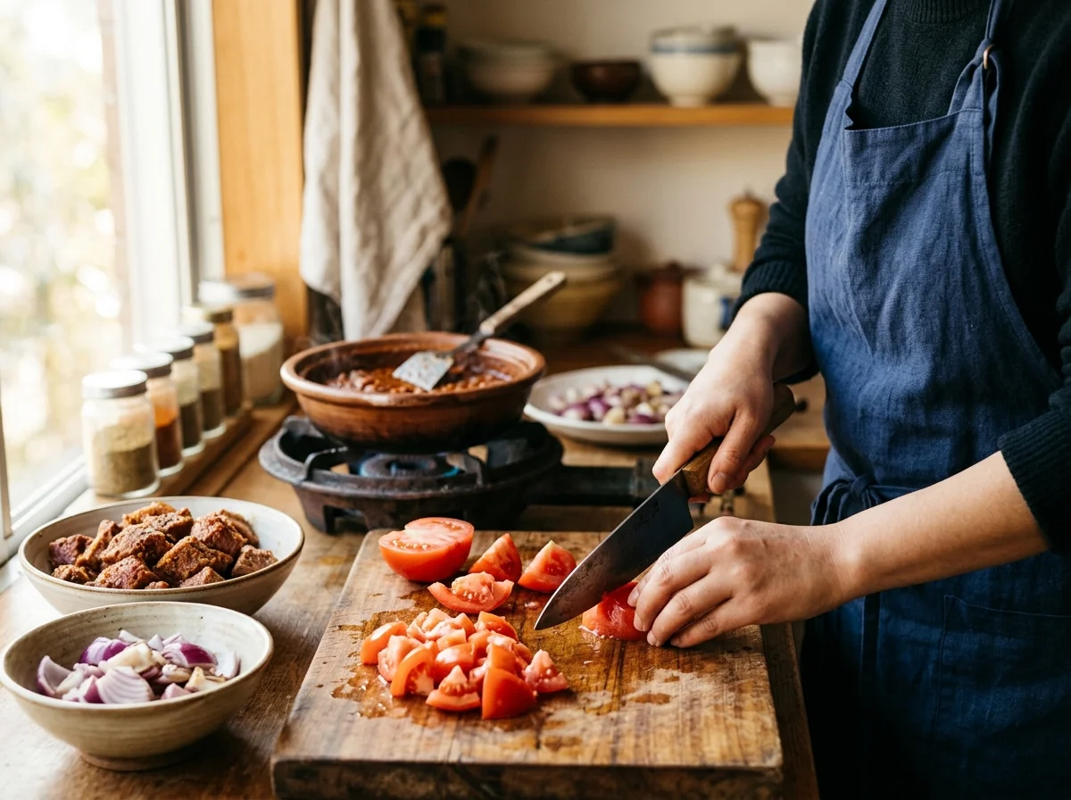 ズィグニ｜エリトリアのスパイシー牛肉シチューの調理工程。ざく切りのトマト（またはホールトマト缶）と水300mlを加え、一度沸騰させます。