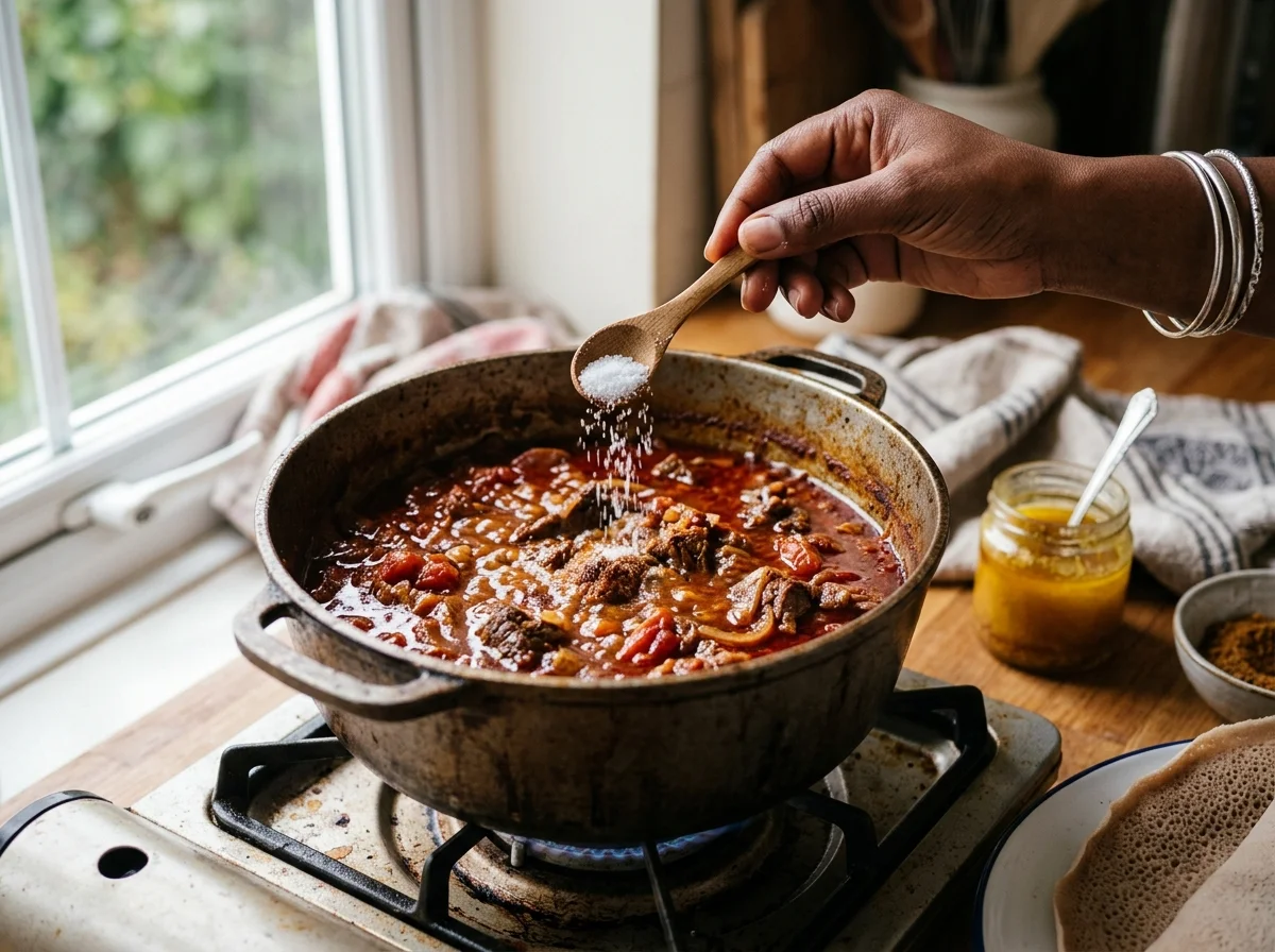 ズィグニ｜エリトリアのスパイシー牛肉シチューの調理工程。塩を加えて味を調えます。エリトリアでは強めに塩味をつけるのが一般的です。インジェラの酸味と合わせるため、