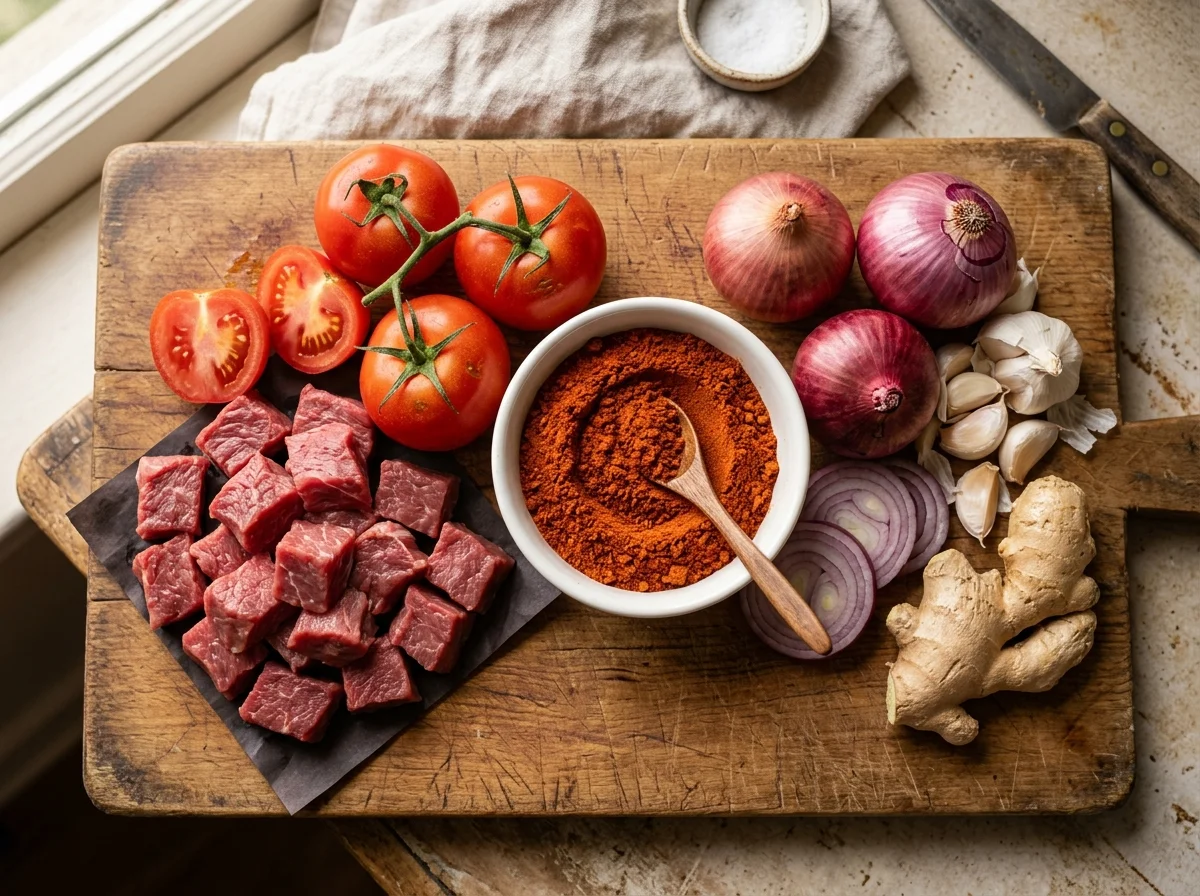 ズィグニの材料。牛肉、トマト、玉ねぎ、にんにく、生姜、ベルベレスパイスパウダーが木のまな板に並ぶ