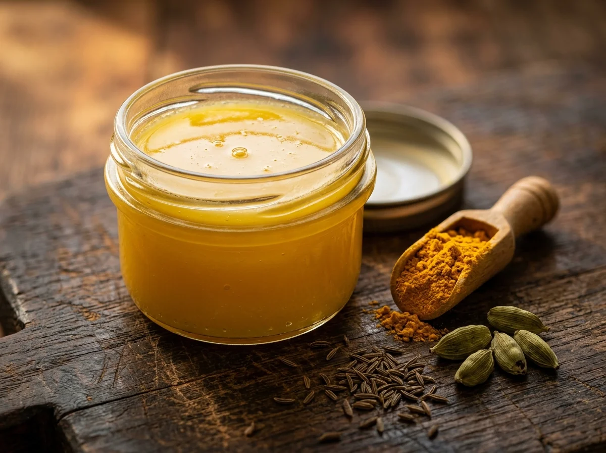 ガラス瓶に入った黄金色のニテルキベ（スパイスバター）とカルダモン、クミンシード