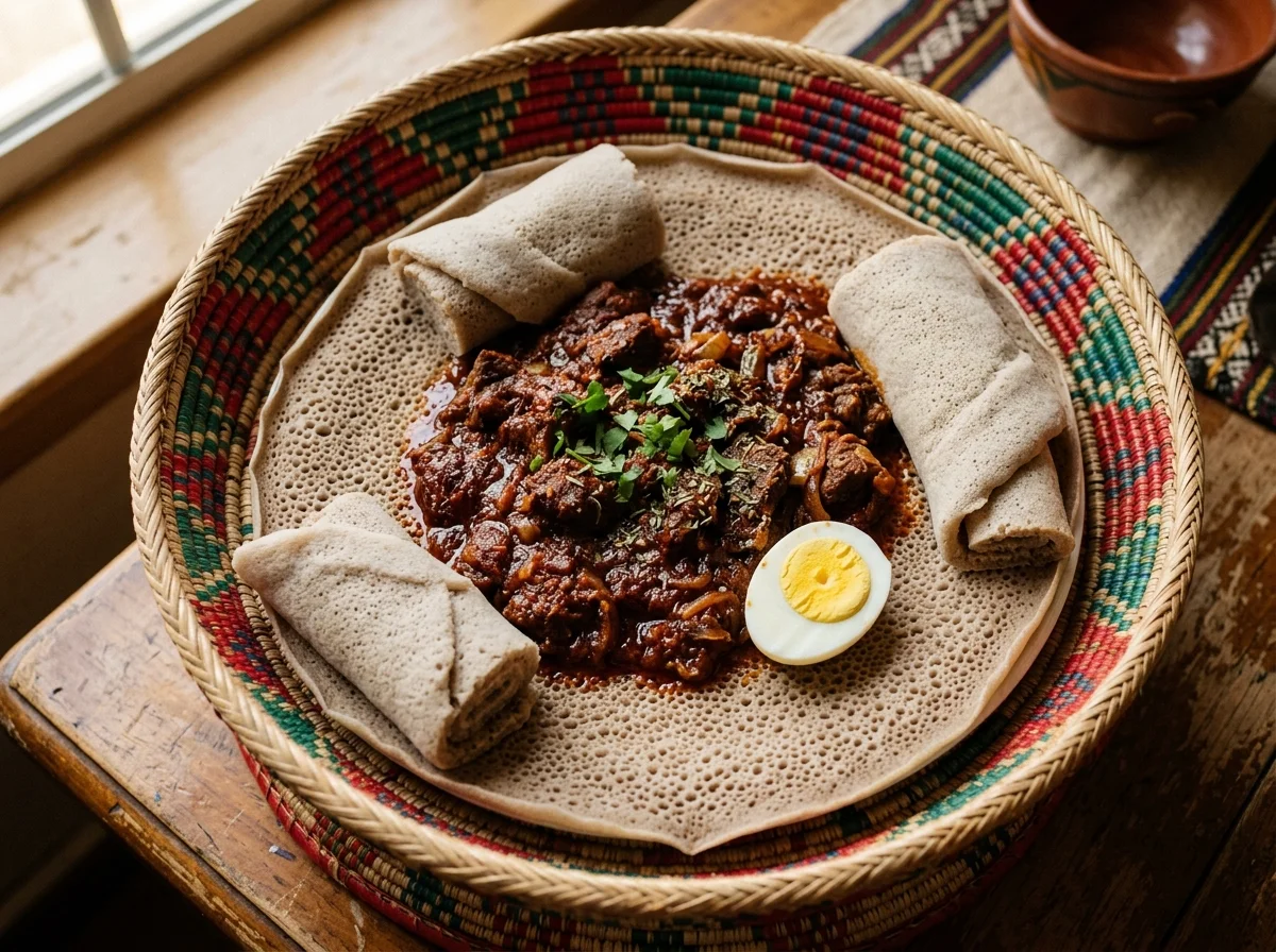 インジェラの上にズィグニと付け合わせが盛られた一皿。手で食べるスタイル