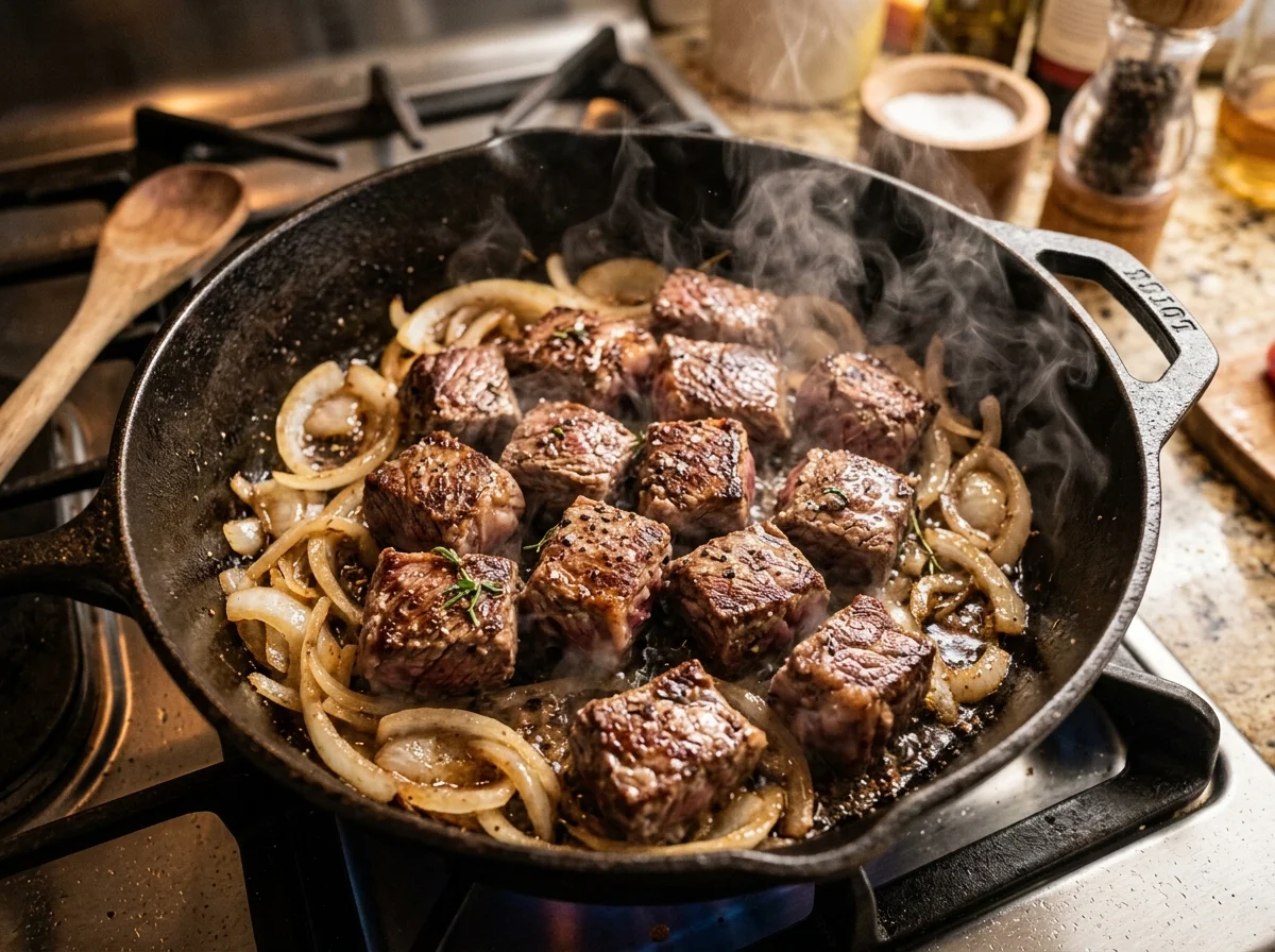 鍋の中で牛肉と玉ねぎが焼き付けられている調理工程