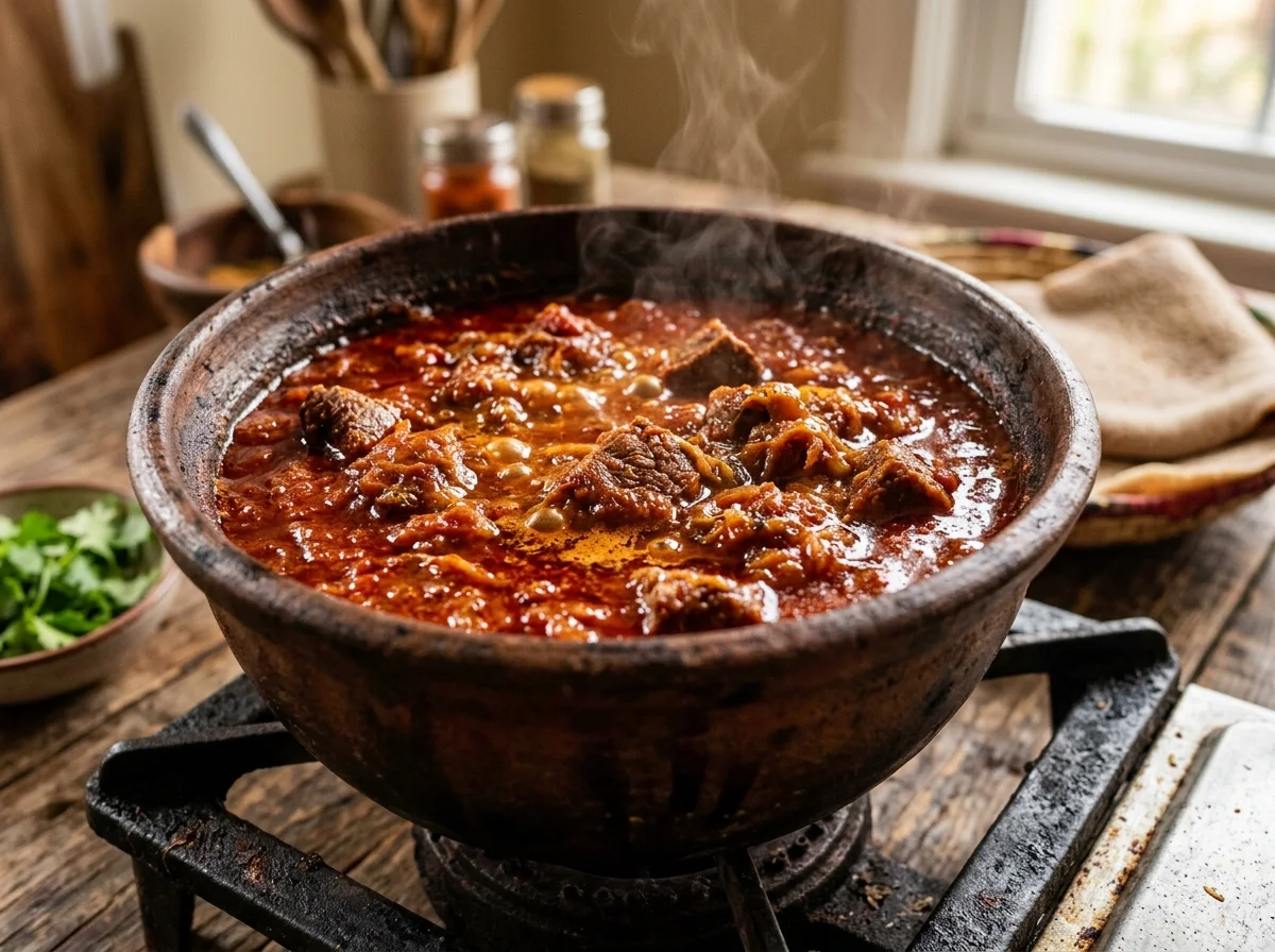 深い赤色のズィグニが土鍋の中で煮込まれている。トマトベースの濃厚なソースに牛肉が沈む