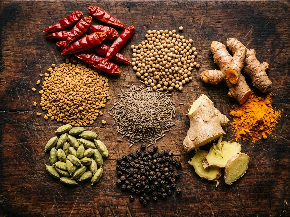 ベルベレスパイスの材料。チリペッパー、フェヌグリークシード、カルダモン、コリアンダー、クミンなどが木の板に並ぶ
