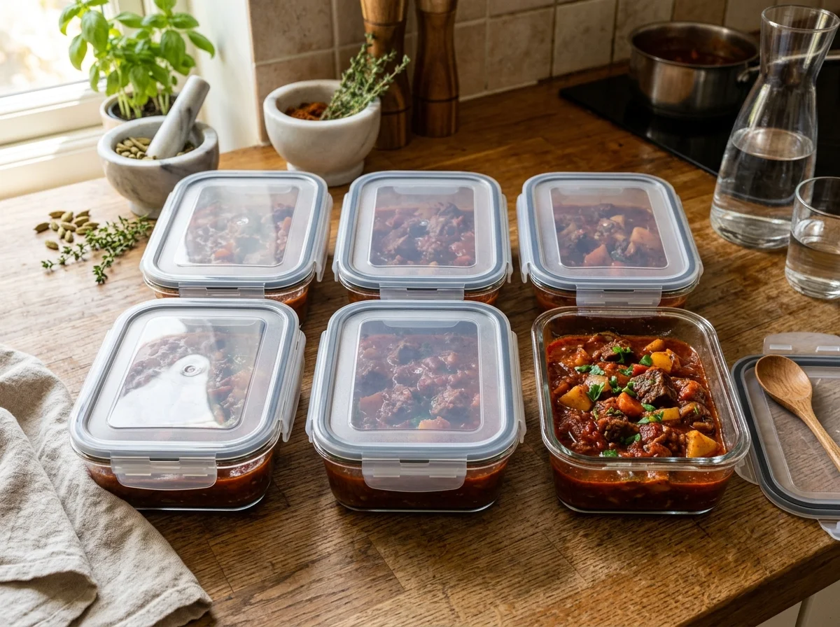 ガラス容器に入った作り置きのズィグニ。深い赤色のシチューが小分けされている