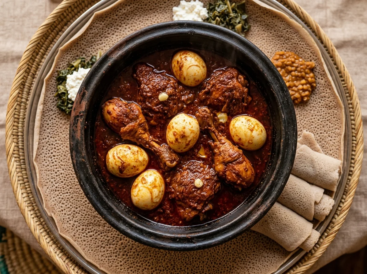 伝統的な黒い土鍋に盛られたドロワット。深紅のソースにチキンとゆで卵が見える