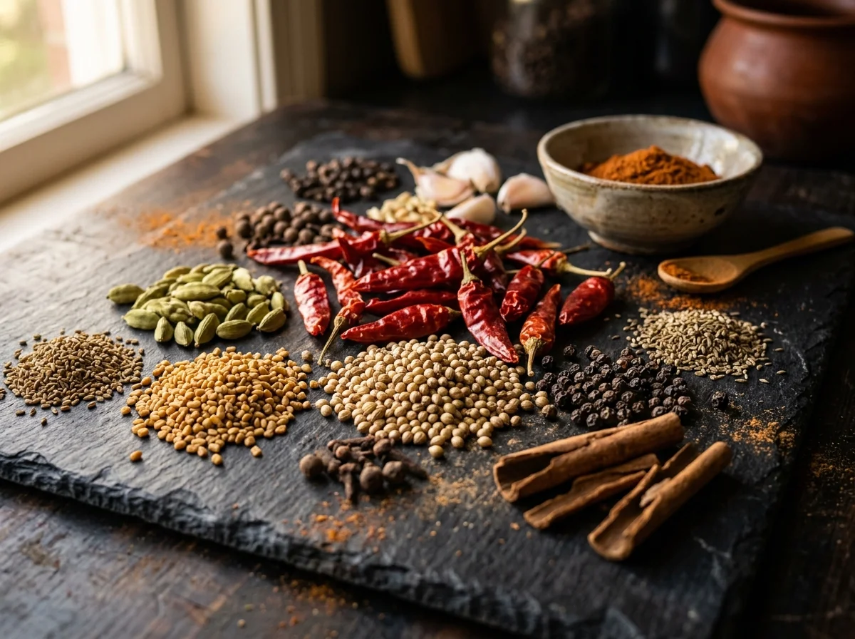 ベルベレのスパイス原料。乾燥赤唐辛子、カルダモン、フェヌグリーク、コリアンダー、黒コショウ、シナモンスティック