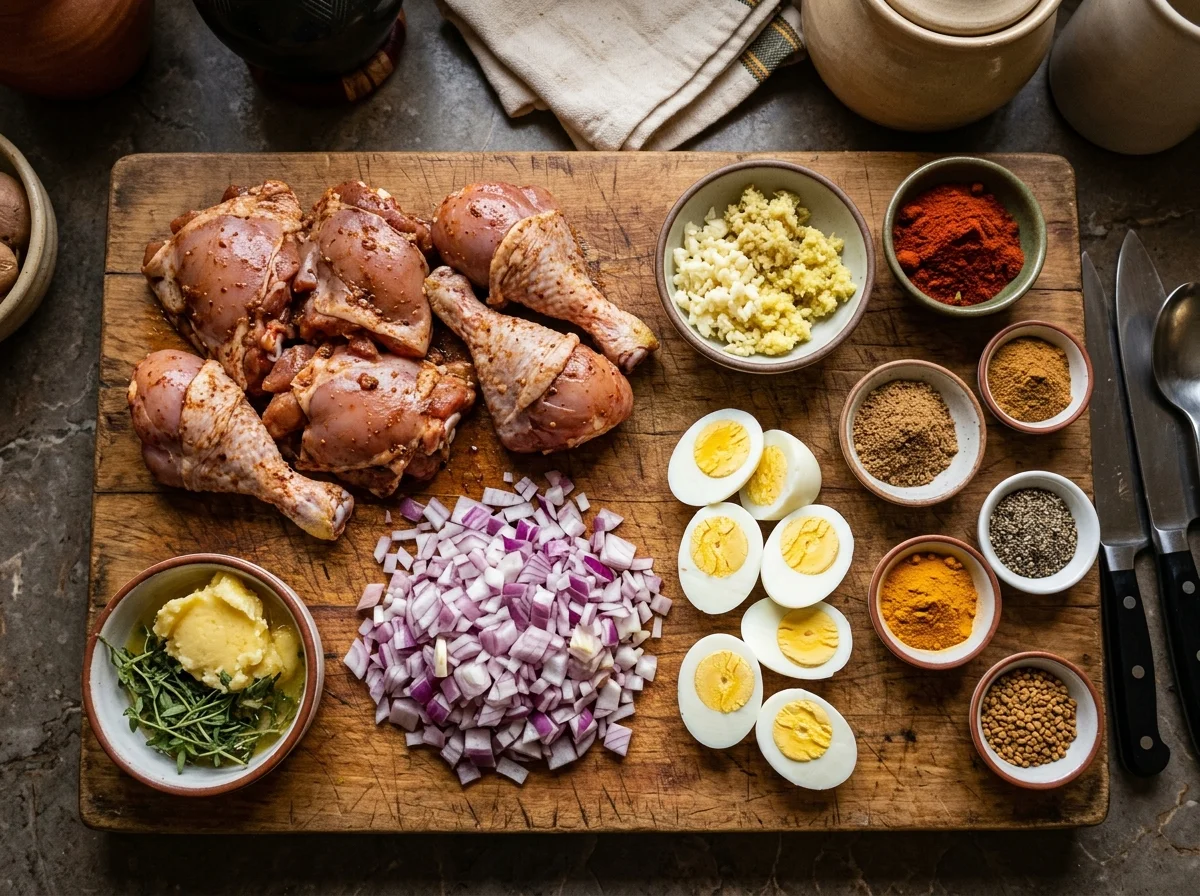 ドロワットの材料一式。鶏肉、玉ねぎ、にんにく、しょうが、ゆで卵、バターが並ぶ