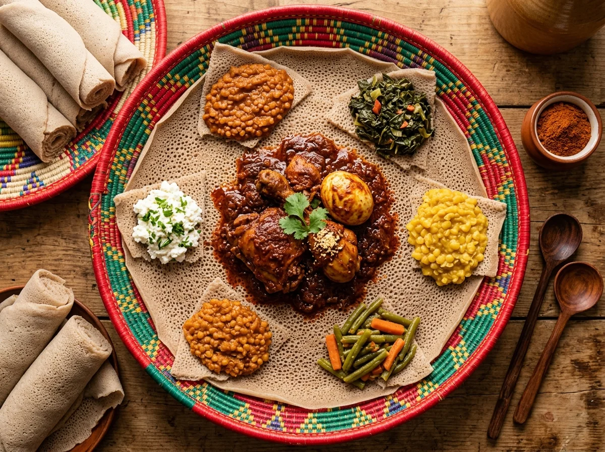 インジェラの上にドロワットと副菜が美しく盛りつけられたエチオピアのメソブ