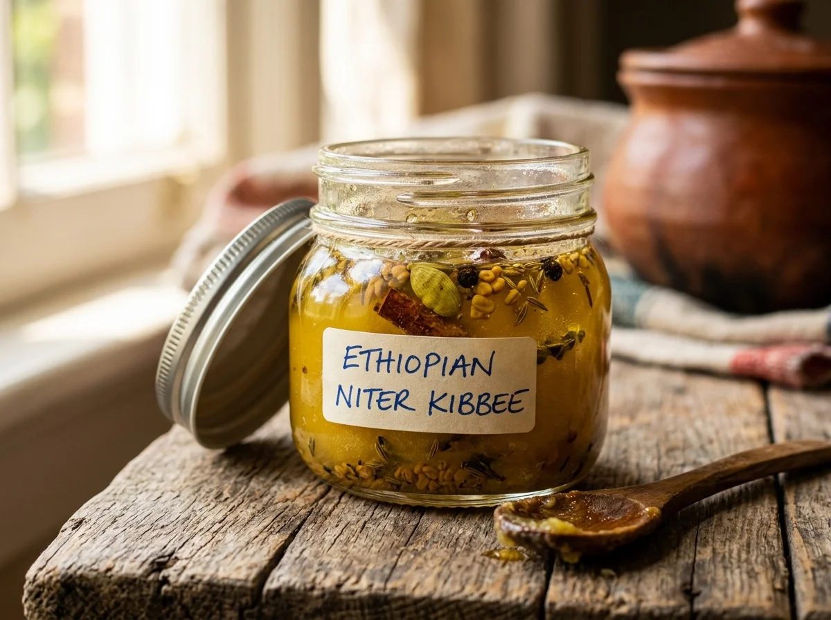 ニテルキベ（スパイスバター）。金色の澄ましバターの中にカルダモンやスパイスが見える