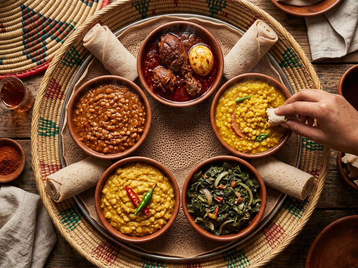 様々なエチオピアのワット料理。ドロワット、ミスルワット、ゴメン、シロワットの小鉢