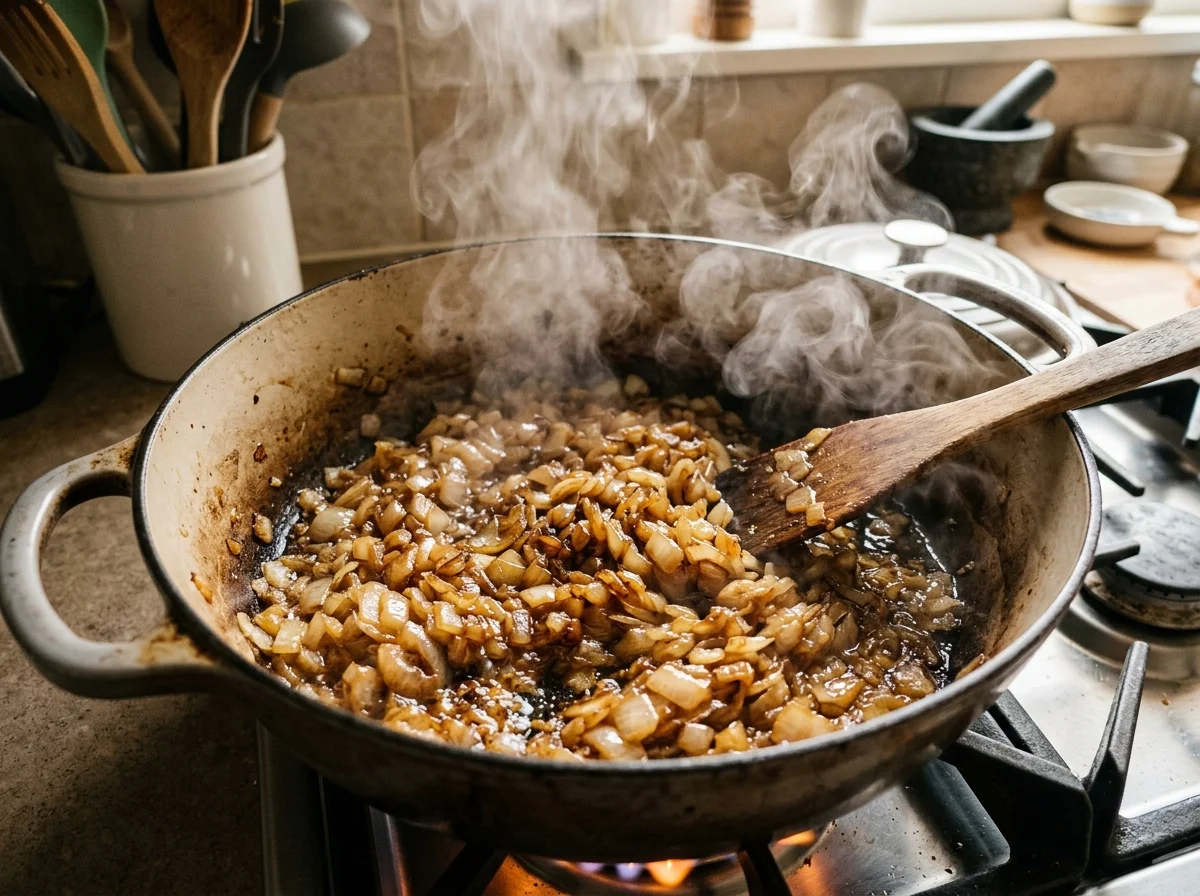 玉ねぎをじっくり炒めている。飴色に変わり始めた段階