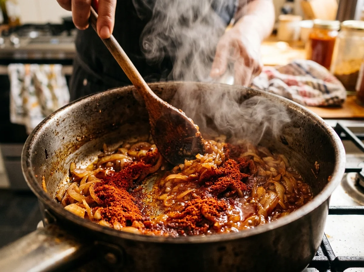 ベルベレスパイスを飴色玉ねぎに加えて炒めている。鮮やかな赤色のペースト