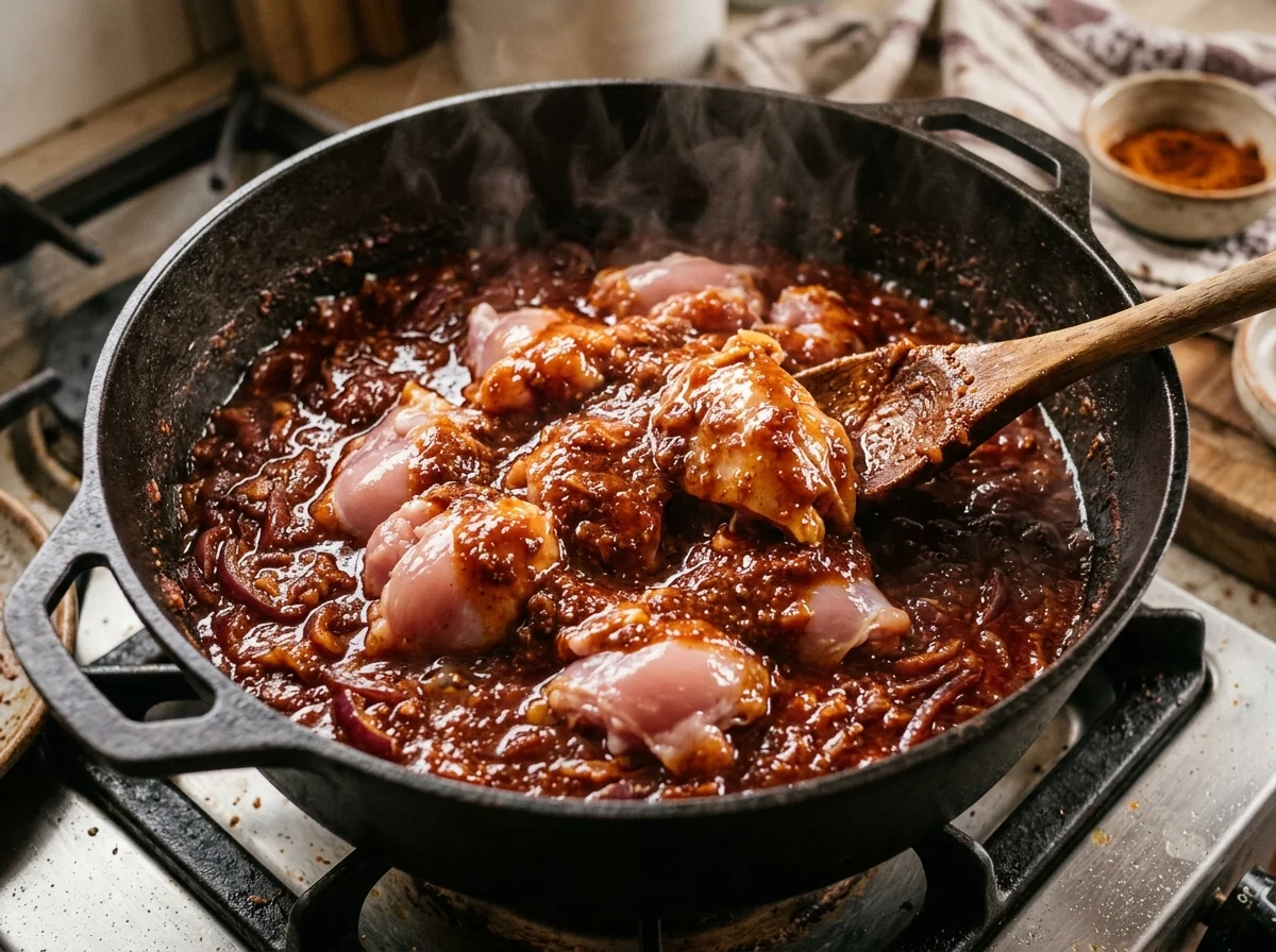 鶏肉をベルベレソースに加えた状態。深紅のソースが鶏肉を包んでいる