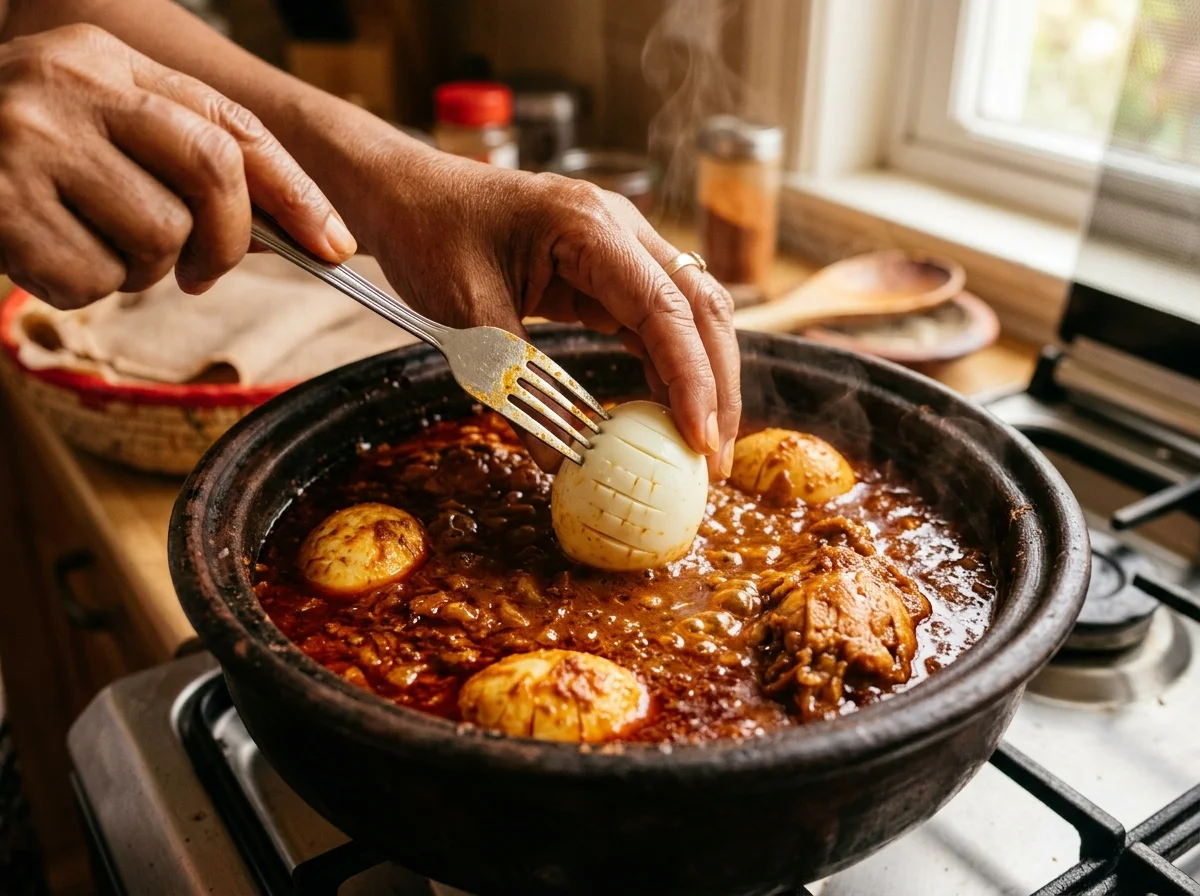 穴を開けたゆで卵をドロワットのソースに加えている