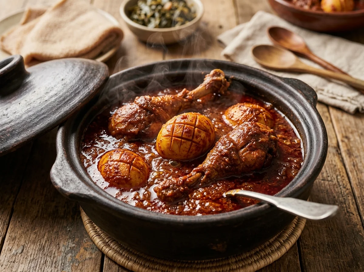 完成したドロワット。深紅のソースに骨付きチキンとゆで卵が見える