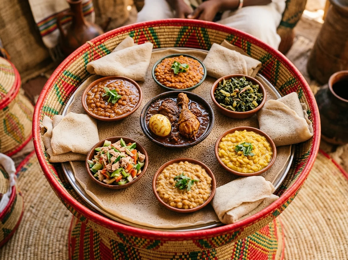 インジェラの上に色とりどりのエチオピア料理が盛りつけられたメソブ(伝統の食卓)