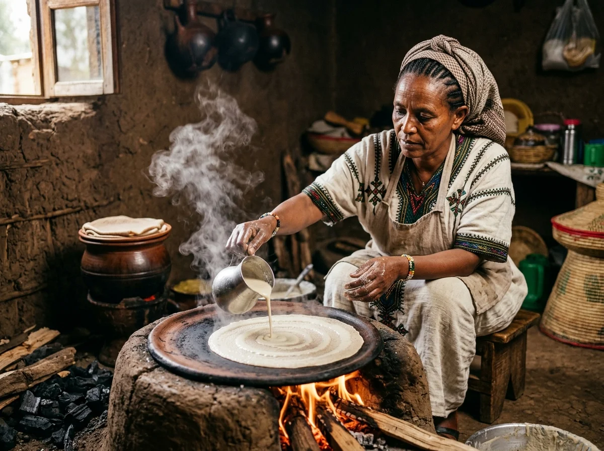 エチオピアの女性がミタッド（粘土の焼き台）でインジェラを焼いている光景