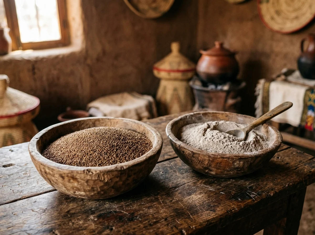 テフの粒とテフ粉が木のボウルに盛られている