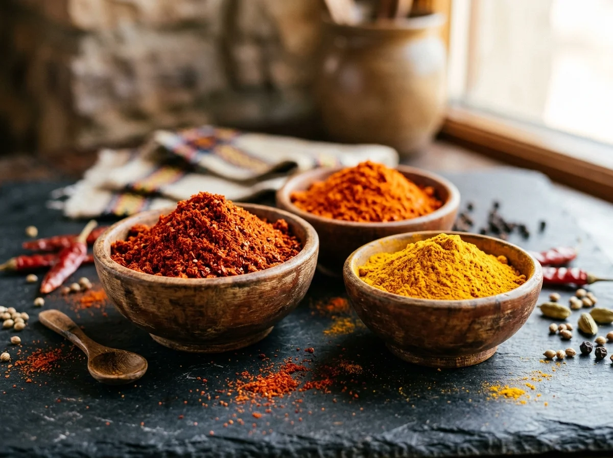 エチオピアのスパイス。ベルベレ、ミトミタ、ターメリックの粉が小さな器に入っている