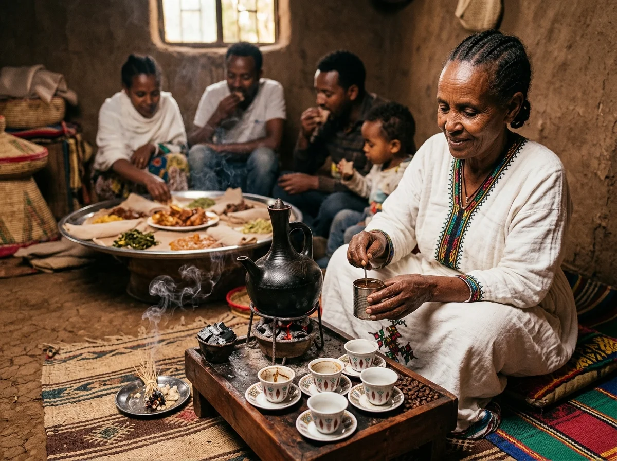 エチオピアのコーヒーセレモニー。背景にインジェラと料理が見える