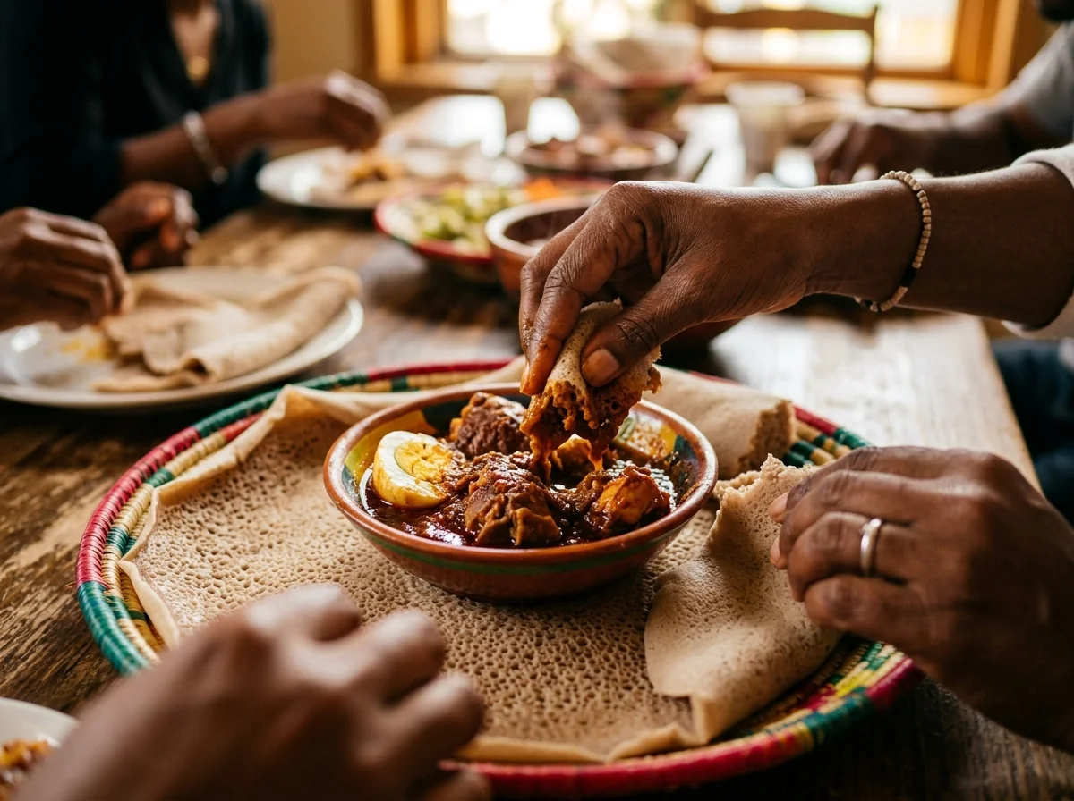 インジェラでシチューを手でつまんで食べている様子