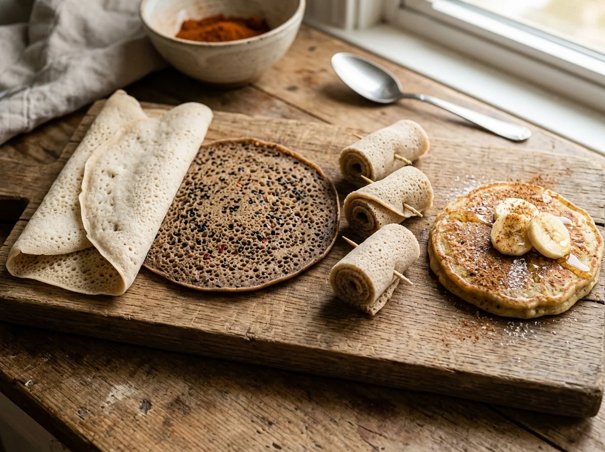 インジェラの4つのバリエーション。プレーン、スパイス入り、ミニサイズ、バナナパンケーキ版