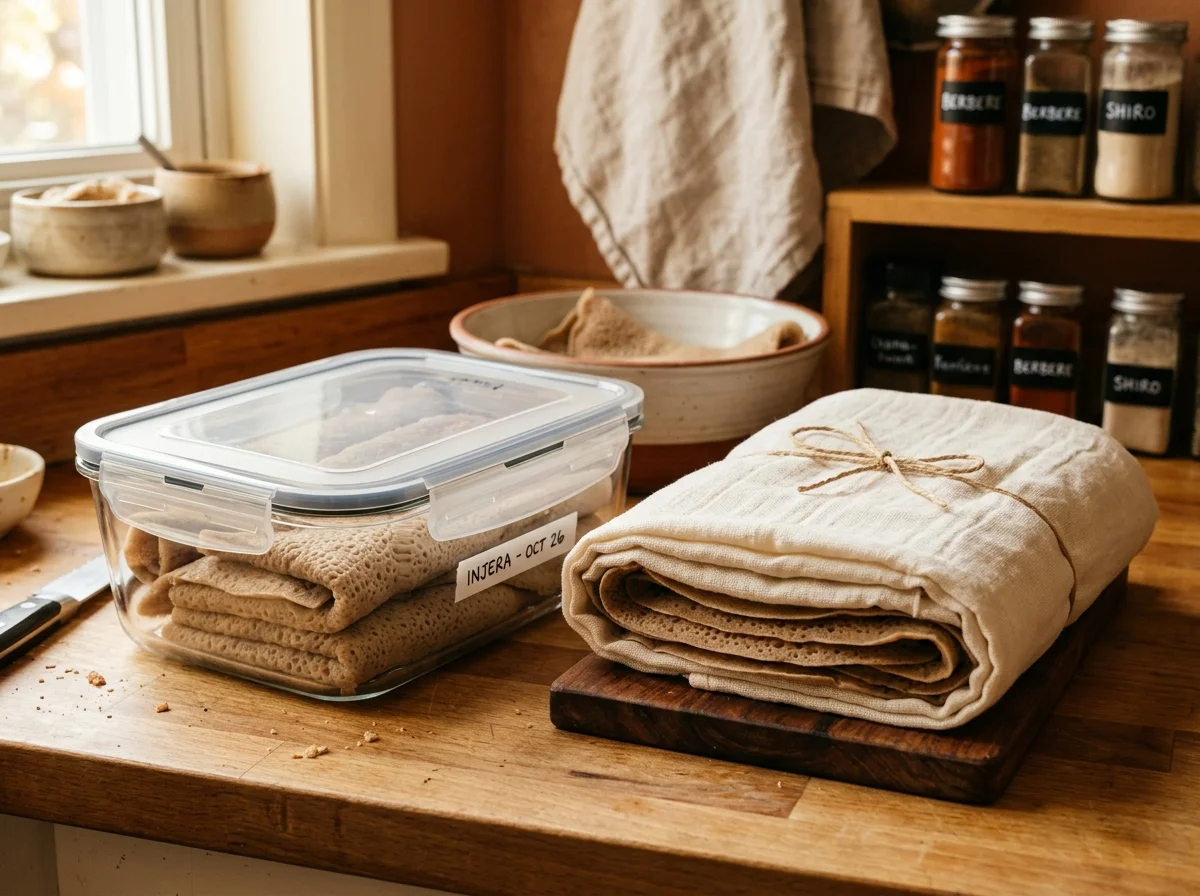 インジェラの保存方法。密閉容器とクロスに包まれたインジェラ